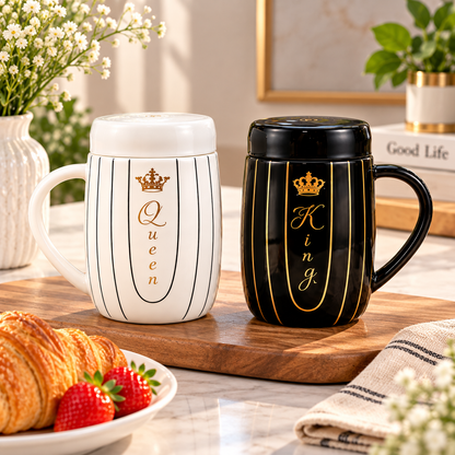 2Pcs Couple Ceramic Mugs Matching King & Queen Coffee Cups