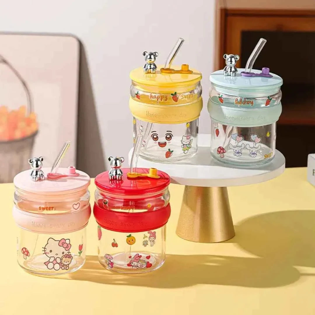 400ML Cute Character Glass Sipper – Reusable Water Cup with Straw
