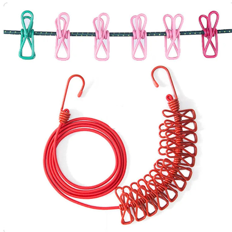 Portable Elastic Clothesline Rope with Clips