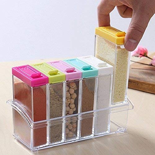 6pc Spice Jars Dispenser Masala Rack Easy Flow Storage Crystal Seasoning Box